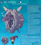  1boy 1girl artist_name character_name character_profile cloyster colored_skin commentary english_commentary english_text hat hat_feather highres kinkymation long_hair monster_girl personification poke_ball pokemon purple_hair purple_skin shell 