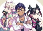  1girl 2boys asymmetrical_bangs bangs bede_(pokemon) bespectacled black_choker black_hair black_jacket blonde_hair bright_pupils choker closed_mouth collarbone commentary_request covering_mouth crossed_arms curly_hair dark-skinned_male dark_skin dynamax_band glasses gloves green_eyes grey_eyes hand_up highres hop_(pokemon) jacket komame_(st_beans) labcoat long_sleeves marnie_(pokemon) multiple_boys navel older open_clothes open_jacket partially_fingerless_gloves pokemon pokemon_(game) pokemon_swsh shirt short_hair short_sleeves single_glove smile undershirt white_pupils yellow_eyes 