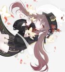  10ofton10 1girl bangs black_coat black_headwear black_shorts blush breasts brown_hair bug butterfly coat coattails flower genshin_impact hat hat_flower highres hu_tao_(genshin_impact) long_hair long_sleeves looking_at_viewer one_eye_closed plum_blossoms red_eyes shorts small_breasts symbol-shaped_pupils thighs twintails very_long_hair 
