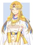  1girl ^_^ armor blonde_hair breasts cape closed_eyes closed_mouth commission cowboy_shot dress earrings gold jewelry light_blush long_hair necklace ooshio7734 pointy_ears princess_zelda shoulder_armor sidelocks skeb_commission smile solo super_smash_bros. the_legend_of_zelda the_legend_of_zelda:_a_link_between_worlds white_dress 