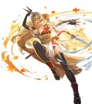  1girl arm_guards armor autumn_leaves bangs black_gloves black_legwear blonde_hair breasts cleavage cuboon dark-skinned_female dark_skin elbow_gloves fingerless_gloves fire_emblem fire_emblem:_the_binding_blade fire_emblem_heroes full_body gloves hair_ornament hairband highres igrene_(fire_emblem) japanese_clothes large_breasts leg_up long_hair looking_away mole mole_under_eye ninja official_art open_mouth pelvic_curtain sandals scarf sheath sheathed shiny shiny_clothes shiny_hair shiny_skin sleeveless solo sword thighhighs thighs throwing transparent_background weapon yellow_eyes 
