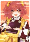  1girl absurdres apron bell book checkered checkered_kimono checkered_shirt frilled_apron frills hair_bell hair_ornament highres holding japanese_clothes jingle_bell kimono motoori_kosuzu mutou_(tomu10080) open_mouth red_eyes red_hair shirt short_hair touhou twintails two_side_up upper_body yellow_apron 