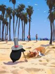  animal_focus beach bird blue_sky digging dog highres original painting palm_leaf palm_tree penguin sand seagull sky snatti summer tree welsh_corgi 