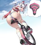  1girl absurdres animal_ears ass bicycle_seat braid cat_ears cloud from_behind from_below hair_intakes hand_on_own_thigh highres jacket kneehighs kneepits legs looking_back looking_down nishii_(nitroplus) no_pants no_tail off_shoulder original outdoors panties red_eyes riding short_hair silver_hair sky smile solo thighs thought_bubble track_jacket trefoil underwear unicycle white_jacket white_legwear white_panties 