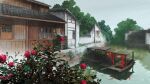 architecture boat chinese_commentary commentary_request east_asian_architecture flower highres house no_humans original plant red_flower river rooftop scenery sky stairs tree vines water watercraft window xingzhi_lv 