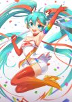  1girl :d ahoge aqua_eyes aqua_hair armpits bare_shoulders boots choker collarbone commentary confetti elbow_gloves flag full_body gloves hair_between_eyes hatsune_miku headphones highres holding holding_flag jumping kiki-yu long_hair multicolored_hair open_mouth orange_choker orange_footwear orange_gloves orange_hair orange_legwear race_queen racing_miku racing_miku_(2016) shorts smile solo strapless streaked_hair suspender_shorts suspenders thigh_boots thighhighs tube_top twintails very_long_hair vocaloid white_shorts white_tube_top 