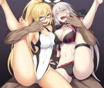  1boy 2girls bangs bikini black_bikini blonde_hair breasts fate/grand_order fate_(series) flame_print forced glasses gloves glowing_glasses held_down highres ijima_yuu jeanne_d&#039;arc_(alter_swimsuit_berserker)_(fate) jeanne_d&#039;arc_(fate) jeanne_d&#039;arc_(swimsuit_archer)_(fate) large_breasts leg_up long_hair looking_at_viewer multiple_girls one-piece_swimsuit opaque_glasses open_mouth restrained simple_background smile spread_legs swimsuit thigh_strap thighhighs white_hair 