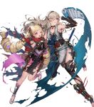  2girls alternate_costume arm_guards armor bangs blonde_hair blush bow bowtie breasts choker cleavage corrin_(fire_emblem) corrin_(fire_emblem)_(female) elise_(fire_emblem) fire_emblem fire_emblem_fates fire_emblem_heroes full_body hair_ornament hairband highres japanese_clothes leg_up long_hair looking_away medium_breasts multiple_girls ninja no_socks official_art open_mouth parted_lips pelvic_curtain pointy_ears purple_eyes red_eyes sandals scroll senchat shin_guards shiny shiny_hair shiny_skin silver_hair sleeveless sweat sweatdrop sword tied_hair toeless_legwear toes torn_clothes transparent_background twintails weapon weapon_request 