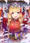  1girl blonde_hair bow braid branch commentary_request dated flower hair_bow hair_flower hair_ornament hands_up highres hololive horns japanese_clothes kimono kinoko_(shikimylove) long_hair long_sleeves looking_at_viewer obi open_mouth orange_flower print_kimono purple_eyes red_bow red_kimono sash sheep_horns shide signature smile snow solo teeth tsunomaki_watame twin_braids upper_body upper_teeth virtual_youtuber 