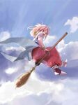  1girl :d absurdres arche_klein ass bangs blue_sky bracelet broom broom_riding cloud cloudy_sky elbow_gloves eyebrows_visible_through_hair flying gloves highres ishiyuki00 jewelry open_mouth pants pink_eyes pink_hair pink_pants ponytail sky smile solo tales_of_(series) tales_of_phantasia 
