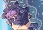  1boy 1girl artist_name breasts closed_eyes cloyster colored_skin commentary english_commentary hetero highres hug kinkymation large_breasts long_hair monster_girl nipples parted_lips personification pokemon purple_skin shell simple_background smile 