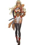  1girl arm_guards bangs bare_shoulders black_gloves black_legwear blonde_hair breasts cleavage cuboon dark-skinned_female dark_skin elbow_gloves fingerless_gloves fire_emblem fire_emblem:_the_binding_blade fire_emblem_heroes full_body gloves hair_ornament hand_on_hip headgear highres holding holding_weapon igrene_(fire_emblem) japanese_clothes kunai large_breasts long_hair looking_at_viewer mole mole_under_eye ninja official_art pelvic_curtain reverse_grip sandals scarf sheath sheathed shiny shiny_clothes shiny_hair shiny_skin sleeveless smile solo standing sword tabi thighhighs thighs transparent_background weapon yellow_eyes 