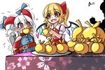  a-xii apple ascot bad_apple!! bdsm blonde_hair blue_dress bomb bondage bound chinese_commentary commentary crying crying_with_eyes_open crystal curly_hair derivative_work detached_sleeves dress earrings fang feeding flandre_scarlet food force-feeding fruit gold golden_apple hakurei_reimu highres horn_ornament horn_ribbon horns jewelry no_hat no_headwear patterned_clothing pointy_ears puffy_short_sleeves puffy_sleeves red_eyes red_horns red_skirt red_sleeves red_vest ribbon sharp_teeth sheep_horns shirt short_sleeves side_ponytail silhouette simple_background sitting skirt tears teeth touhou touhou_gouyoku_ibun toutetsu_yuuma vest white_background white_hair white_shirt wings yellow_ascot 