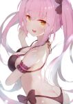  1girl ass bikini black_bikini breasts brown_eyes butt_crack cleavage fang from_behind highres himekuma_ribon long_hair looking_back open_mouth pink_hair re:act ribbon smile solo swimsuit toroi_jd twintails virtual_youtuber 