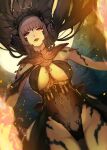  1girl au_ra avatar_(ffxiv) bare_arms black_cape black_hair black_leotard breasts brown_eyes cape cleavage commentary_request commission cowboy_shot crown final_fantasy final_fantasy_xiv fire hide_(hideout) highres large_breasts leotard long_hair looking_at_viewer mole mole_under_mouth moon night night_sky red_lips revealing_clothes scales skeb_commission sky sling_bikini_top solo sparks waist_cape 