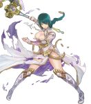  1girl axe bangs battle_axe boots braid breasts bridal_gauntlets circlet cleavage clenched_teeth dress fire_emblem fire_emblem_heroes full_body gold_trim green_hair hair_ornament high_heel_boots high_heels highres holding holding_weapon jewelry knee_boots large_breasts lips long_hair long_sleeves maeshima_shigeki official_art parted_lips shiny shiny_hair single_braid solo striped teeth thighs thorr_(fire_emblem) tied_hair torn_clothes torn_dress transparent_background vertical_stripes weapon white_dress white_footwear yellow_eyes 