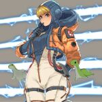  1girl animification apex_legends arm_behind_back blonde_hair blue_bodysuit blue_headwear blush bodysuit breasts cable commentary_request electricity finger_to_own_chin grey_background hood hooded_jacket jacket looking_at_viewer medium_breasts nessie_(respawn) orange_jacket ribbed_bodysuit scar scar_on_cheek scar_on_face smile solo stuffed_toy thigh_strap tucciao wattson_(apex_legends) white_bodysuit wide_hips 