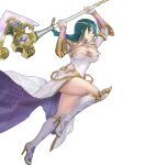  1girl axe bangs battle_axe boots braid breasts bridal_gauntlets circlet cleavage dress fire_emblem fire_emblem_heroes full_body gold_trim green_hair hair_ornament high_heel_boots high_heels highres holding holding_weapon jewelry knee_boots large_breasts leg_up long_hair long_sleeves looking_away maeshima_shigeki official_art parted_lips shiny shiny_hair single_braid solo striped thighs thorr_(fire_emblem) tied_hair transparent_background vertical_stripes weapon white_dress white_footwear yellow_eyes 