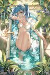  1girl bangs barefoot bath bathtub blue_eyes blue_flower blue_hair commentary_request dress faucet flower hatsune_miku highres knees_up long_hair looking_at_viewer parted_lips partially_submerged plant potted_plant purple_flower qie short_sleeves signature solo tile_floor tiles twintails very_long_hair vocaloid water white_dress wide_sleeves 