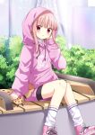  1girl blush highres hood hoodie long_sleeves looking_at_viewer magia_record:_mahou_shoujo_madoka_magica_gaiden mahou_shoujo_madoka_magica outdoors pink_hair red_eyes rikopin sitting smile solo tamaki_iroha 