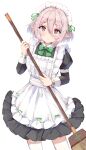  1girl alternate_costume apron bangs bow bowtie broom commentary_request elf enmaided eyebrows_visible_through_hair eyes_visible_through_hair hair_between_eyes highres holding holding_broom kokkoro_(princess_connect!) long_sleeves looking_at_viewer maid maid_apron maid_headdress pointy_ears princess_connect! red_eyes sateto_(user_knrf2332) short_hair sidelocks silver_hair simple_background smile solo thighhighs white_background white_legwear zettai_ryouiki 