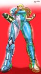  1girl abs absurdres arm_cannon armor ass_visible_through_thighs awesomeerix blonde_hair breasts clenched_hands covered_abs covered_navel covered_nipples derivative_work full_body gradient gradient_background green_eyes highres large_breasts metroid metroid_dread pauldrons power_suit red_background samus_aran serious shoulder_armor solo standing stirrup_legwear super_metroid thigh_gap toeless_legwear toenails toes weapon x-ray 
