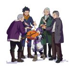  1girl 4boys :o ainu_clothes asirpa basket beard belt black_hair blue_eyes blue_pants boots brown_footwear brown_pants candy commentary earrings facial_hair food golden_kamuy green_pants grey_hair hands_in_pockets hijikata_toshizou_(golden_kamuy) holding holding_candy holding_food holding_lollipop hoop_earrings hoparata jacket jewelry kadokura_(golden_kamuy) knee_boots lollipop long_hair multiple_boys old old_man pants purple_jacket scar scar_on_face scar_on_nose scarf shiraishi_yoshitake sideburns smile standing stubble sugimoto_saichi white_background wide_sleeves wrapped_candy yellow_eyes yellow_scarf 