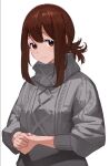  1girl brown_eyes brown_hair check_copyright closed_mouth commentary_request copyright_request eyebrows_visible_through_hair gochiwa grey_sweater highres long_hair looking_at_viewer original own_hands_together ponytail simple_background solo sweater upper_body white_background 