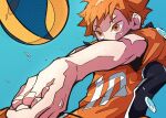  1boy ball blue_background chappii_(paon_gunsou) commentary_request fingernails fingers haikyuu!! hands highres hinata_shouyou jersey male_focus orange_eyes orange_hair own_hands_together short_hair short_sleeves solo sportswear sweat volleyball volleyball_uniform 