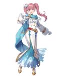  1girl alternate_costume bangs belt blush detached_sleeves dress eihi eyebrows_visible_through_hair feather_trim fire_emblem fire_emblem:_the_blazing_blade fire_emblem_heroes full_body fur_trim gloves gold_trim gradient gradient_clothes hair_ornament hand_up highres long_dress long_hair long_sleeves looking_at_viewer official_art open_mouth pink_hair purple_eyes scarf serra_(fire_emblem) shiny shiny_hair smile solo tied_hair transparent_background twintails white_gloves 