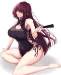  1girl absurdres bare_arms barefoot breasts china_dress chinese_clothes cross-laced_slit dress fate/grand_order fate_(series) hair_intakes hand_fan highres holding holding_fan large_breasts long_hair paper_fan purple_hair red_eyes saboten_teishoku scathach_(fate) side-tie_dress sideless_outfit sleeveless sleeveless_dress solo very_long_hair 