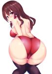  1girl absurdres alternate_costume ass ass_focus bare_back breasts brown_hair hair_tubes hakurei_reimu highres hiiro_aki_(sefs5245) large_breasts leotard medium_hair no_hair_bow red_eyes red_leotard sidelocks simple_background solo thighs touhou white_background 
