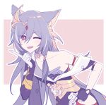  1girl animal_ears asymmetrical_gloves bangs black_gloves black_hair black_nails border cat_ears chinese_clothes choker fang fu_hua fu_hua_(herrscher_of_sentience) gloves gusha1122 hair_between_eyes hair_ornament honkai_(series) honkai_impact_3rd index_finger_raised long_hair looking_at_viewer mismatched_gloves one_eye_closed open_mouth red_eyes solo v-shaped_eyebrows white_gloves 
