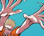  1boy arms_up blonde_hair blue_background chappii_(paon_gunsou) commentary_request fingers glasses haikyuu!! hands highres jersey male_focus open_mouth short_hair short_sleeves solo sportswear teeth tsukishima_kei volleyball yellow_eyes 