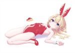  1girl animal_ears apple_bunny apple_slice bangs bare_arms bare_legs bare_shoulders blonde_hair blue_eyes blush bouen bow bowtie detached_collar eyebrows_visible_through_hair fake_animal_ears flat_chest food food_art full_body hair_ribbon hairband high_heels highres leotard long_hair looking_at_viewer lying on_back original pantyhose playboy_bunny red_footwear red_hairband red_leotard ribbon simple_background solo strapless strapless_leotard striped white_background wrist_cuffs 