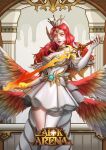  1girl afk_arena copyright_name crown dress elbow_gloves feather_hair_ornament feathered_wings feathers flaming_sword flaming_weapon gloves hair_ornament highres holding holding_sword holding_weapon long_hair n-i-s-s-i orange_eyes red_hair solo standing sword talene_(afk_arena) weapon white_dress white_gloves wings 