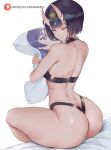  1girl araneesama ass back bangs bob_cut breasts dakimakura_(object) eyeliner fate/grand_order fate_(series) horns looking_at_viewer makeup minamoto_no_raikou_(fate) object_hug one_eye_closed oni oni_horns pillow pillow_hug purple_eyes purple_hair short_hair shuten_douji_(fate) skin-covered_horns small_breasts smile thighs 