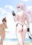  1boy 2girls akisora asahina_aoi backboob bangs beach bikini black_bikini black_gloves blue_eyes blush braid breasts brown_hair cleavage commentary_request danganronpa:_trigger_happy_havoc danganronpa_(series) dark-skinned_female dark_skin day eyebrows_visible_through_hair feet_out_of_frame female_pubic_hair from_behind gloves green_bikini hair_ornament hair_ribbon hairclip highres holding holding_clothes holding_swimsuit kirigiri_kyouko large_breasts long_hair looking_back multiple_girls naegi_makoto outdoors profile pubic_hair ribbon short_hair side-tie_bikini side_braid smile spiked_hair swimsuit topless v wet white_ribbon 