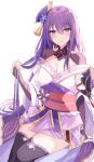  1girl bangs bare_shoulders breasts cleavage commentary_request detached_collar genshin_impact hair_ornament highres japanese_clothes kimono kinona large_breasts long_hair long_sleeves looking_at_viewer mole mole_under_eye obi off_shoulder purple_eyes purple_hair purple_kimono purple_legwear raiden_shogun sash shrug_(clothing) simple_background solo thighhighs thighs white_background wide_sleeves 