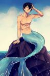  1boy abs bangs bare_arms bare_shoulders black_hair blue_eyes blue_sky ceejles cloud collarbone commentary eyebrows free! hair_between_eyes hand_in_hair hand_on_own_head highres lips looking_at_viewer male_focus merman monster_boy nanase_haruka_(free!) nipples ocean outdoors pectorals rock scales short_hair sitting sky solo stomach tail topless_male water wet 