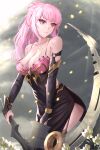  1girl absurdres bare_shoulders breasts cleavage collarbone detached_sleeves dress highres holding holding_weapon hololive hololive_english keisuke_desu~ large_breasts medium_hair mori_calliope pink_eyes pink_hair ponytail scythe standing virtual_youtuber weapon 