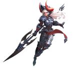  1girl absurdres armor armored_boots bangs boots dark-skinned_female dark_skin dragon_knight_shapira fake_horns full_body game_cg guardian_tales helmet highres holding holding_weapon horns lance long_hair looking_at_viewer official_art polearm red_eyes red_horns solo transparent_background weapon white_hair 