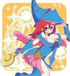  1girl bangs bare_shoulders blue_footwear blue_headwear blush breasts choker cleavage cosplay dark_magician_girl dark_magician_girl_(cosplay) hair_between_eyes hat highres holding holding_wand hys-d little_witch_academia long_hair looking_at_viewer red_eyes red_hair shiny_chariot solo wand wizard_hat yu-gi-oh! 