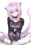  1girl :d animal_ears bangs breasts cat_ears cat_tail collar eyebrows_visible_through_hair hololive hood hoodie indian_style kauto looking_at_viewer medium_hair midriff navel nekomata_okayu purple_eyes purple_hair simple_background sitting sleeves_past_wrists smile solo tail virtual_youtuber white_background 