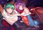  2girls arm_behind_head armpit_crease bangs blunt_bangs breasts bridal_gauntlets cleavage closed_mouth commentary_request demon_girl demon_wings eyebrows_visible_through_hair fingernails green_eyes green_hair head_wings large_breasts lilith_aensland lips long_hair looking_at_viewer lying medium_breasts moisture_(chichi) morrigan_aensland multiple_girls on_back pantyhose purple_hair red_eyes red_nails revision siblings sideboob sisters skin_tight smile vampire_(game) wings 