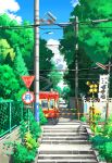  blue_sky bush chinese_commentary cloud commentary_request day fence ground_vehicle highres house no_humans original path plant railroad_crossing railroad_tracks road_sign rust scenery sign sky stairs stone_stairs train tree vines xingzhi_lv 