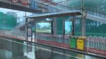  absurdres banner bridge building bus_stop cable chinese_commentary chinese_text city cityscape commentary_request english_text fence highres no_humans original rain reflection reflective_water road road_sign rooftop scenery sign sky trash_can utility_pole water_drop xingzhi_lv 