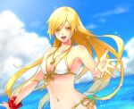  1girl blonde_hair breasts cloud dragon_quest dragon_quest_xi genderswap genderswap_(mtf) jasper_(dragon_quest) jewelry long_hair looking_at_viewer navel necklace open_mouth smile solo swimsuit yellow_eyes yumeoti 