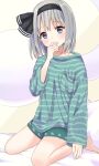  1girl absurdres alternate_costume arm_up bangs barefoot bed black_hairband blue_eyes blush bob_cut covering_mouth eyebrows_visible_through_hair ghost green_shorts green_sweater grey_hair hair_between_eyes hairband hand_on_own_face hand_up highres konpaku_youmu konpaku_youmu_(ghost) long_sleeves looking_at_viewer on_bed shirt short_hair short_shorts shorts silver_hair simple_background sitting sitting_on_bed solo stigma1101 striped striped_shirt striped_sweater sweater touhou wariza wide_sleeves yellow_background 
