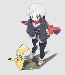  1girl akari_(pokemon) black_hair black_legwear black_undershirt brown_footwear eyelashes grass grey_eyes grey_jacket grey_legwear head_scarf highres jacket long_hair looking_down loose_socks lower_teeth machi_(wm) open_mouth pantyhose pikachu pokemon pokemon_(creature) pokemon_(game) pokemon_legends:_arceus red_scarf scarf shoes sidelocks standing teeth tongue undershirt white_headwear 